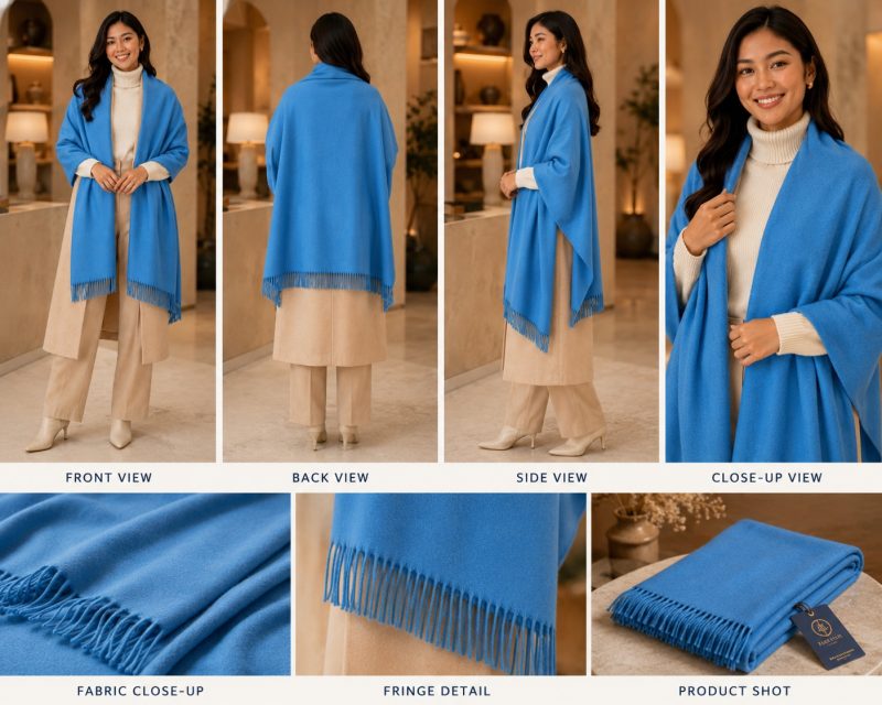 Azure Blue Pashmina Shawl - Front, Back, Side and Close-up views showing fabric texture and fringe detail